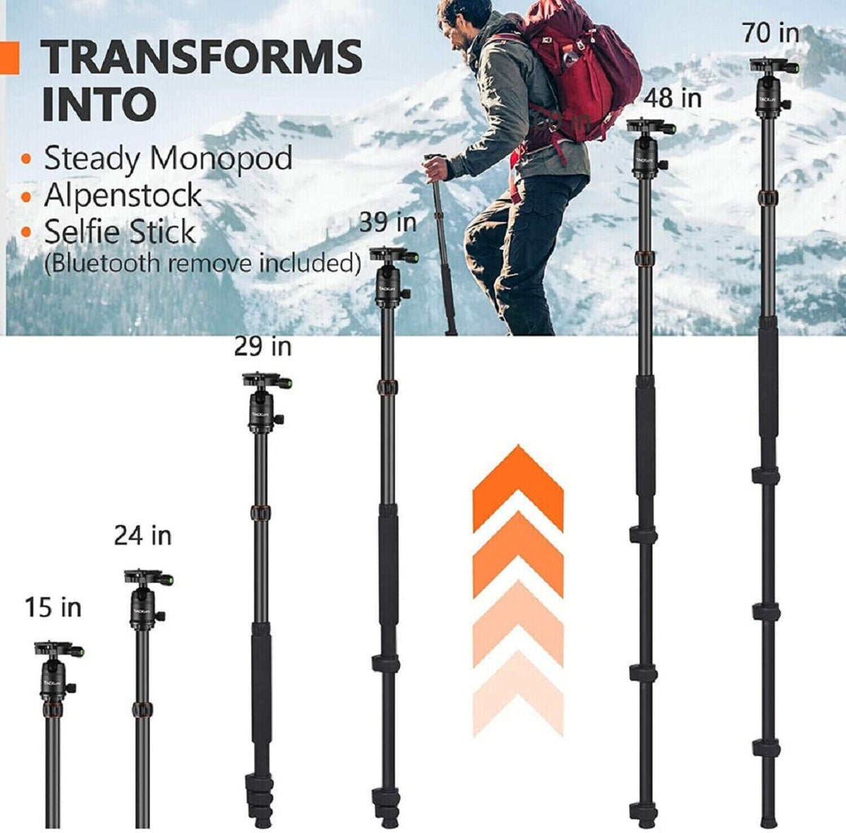 TACKLIFE Kamera & Handy Stativ MLT05 | 55-178cm Höhenverstellbar | 360° Kugelkopf | 9kg Tragkraft | Einbeinstativ & Selfie-Stick mit Bluetooth