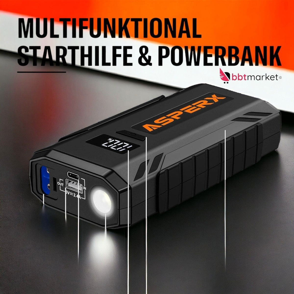 Auto Starthilfe Powerbank 2000A – 12V Booster mit LED, USB Powerbank & Sicherheitsfunktionen für Benzin- und Dieselfahrzeuge