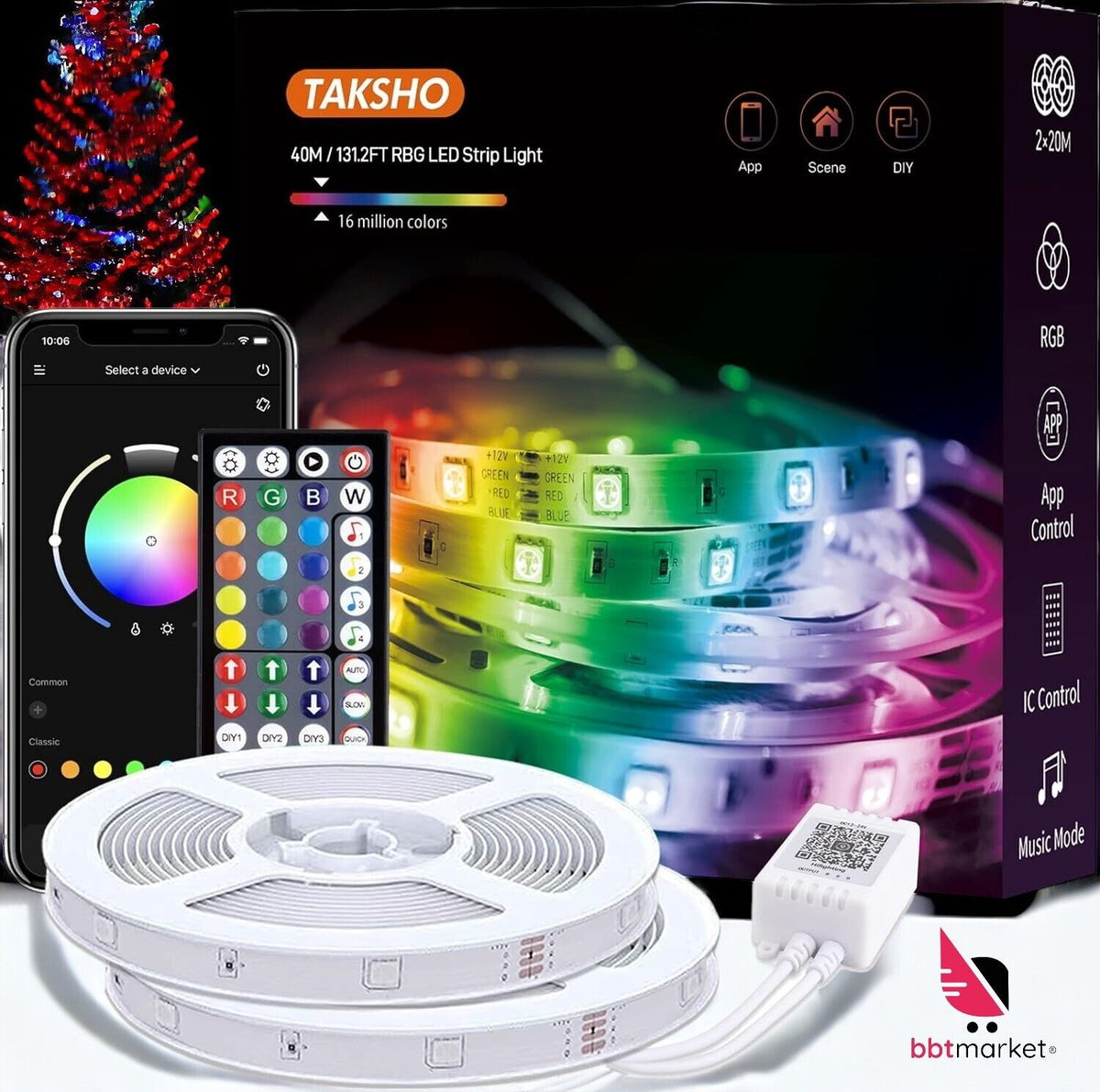 LED Strip 40m RGB – Bluetooth LED Streifen mit App & Fernbedienung, Musik Sync, 16 Mio. Farben, Timer