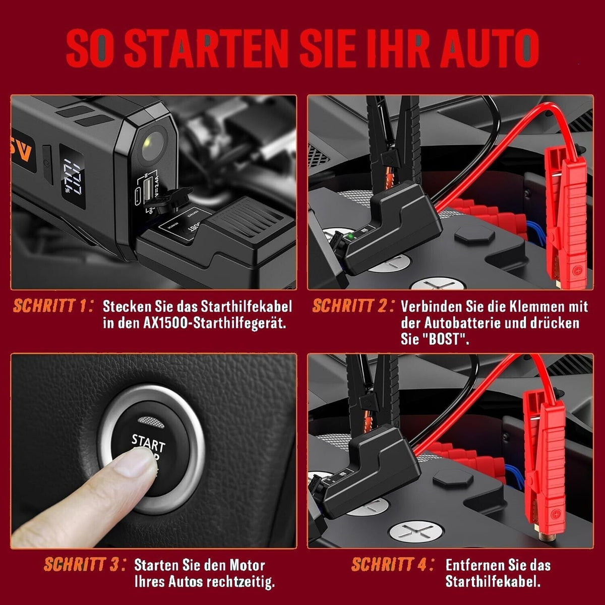 Auto Starthilfe Powerbank 2000A – 12V Booster mit LED, USB Powerbank & Sicherheitsfunktionen für Benzin- und Dieselfahrzeuge