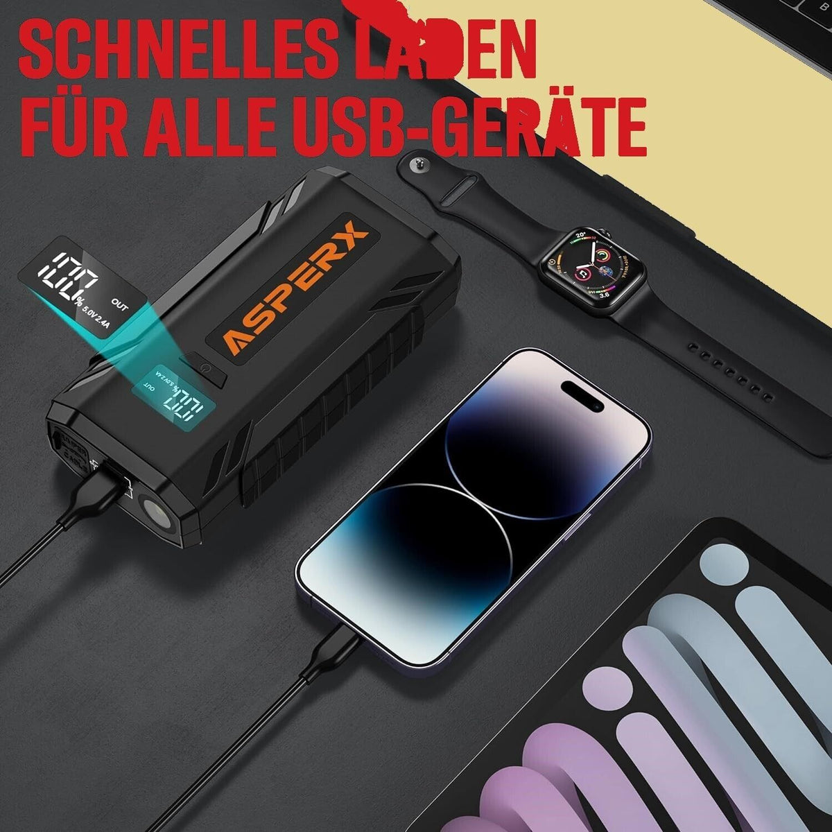 Auto Starthilfe Powerbank 2000A – 12V Booster mit LED, USB Powerbank & Sicherheitsfunktionen für Benzin- und Dieselfahrzeuge