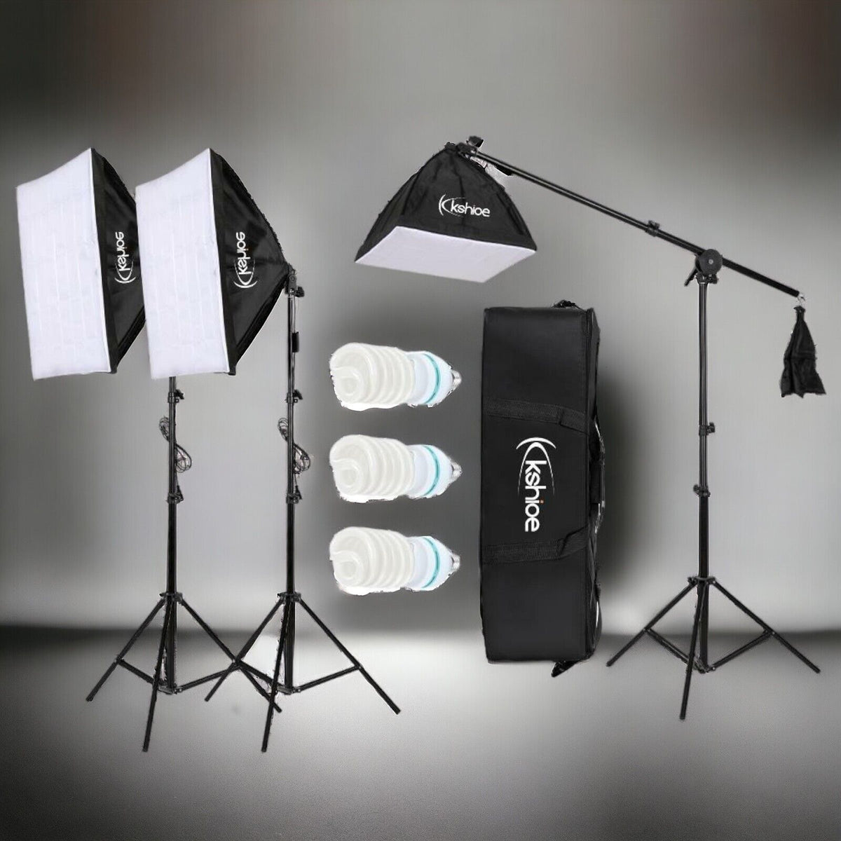 Fotostudio Set mit 3 Softboxen, 3x 65W Tageslichtlampen, Stativen, Galgenstativ und Tragetasche