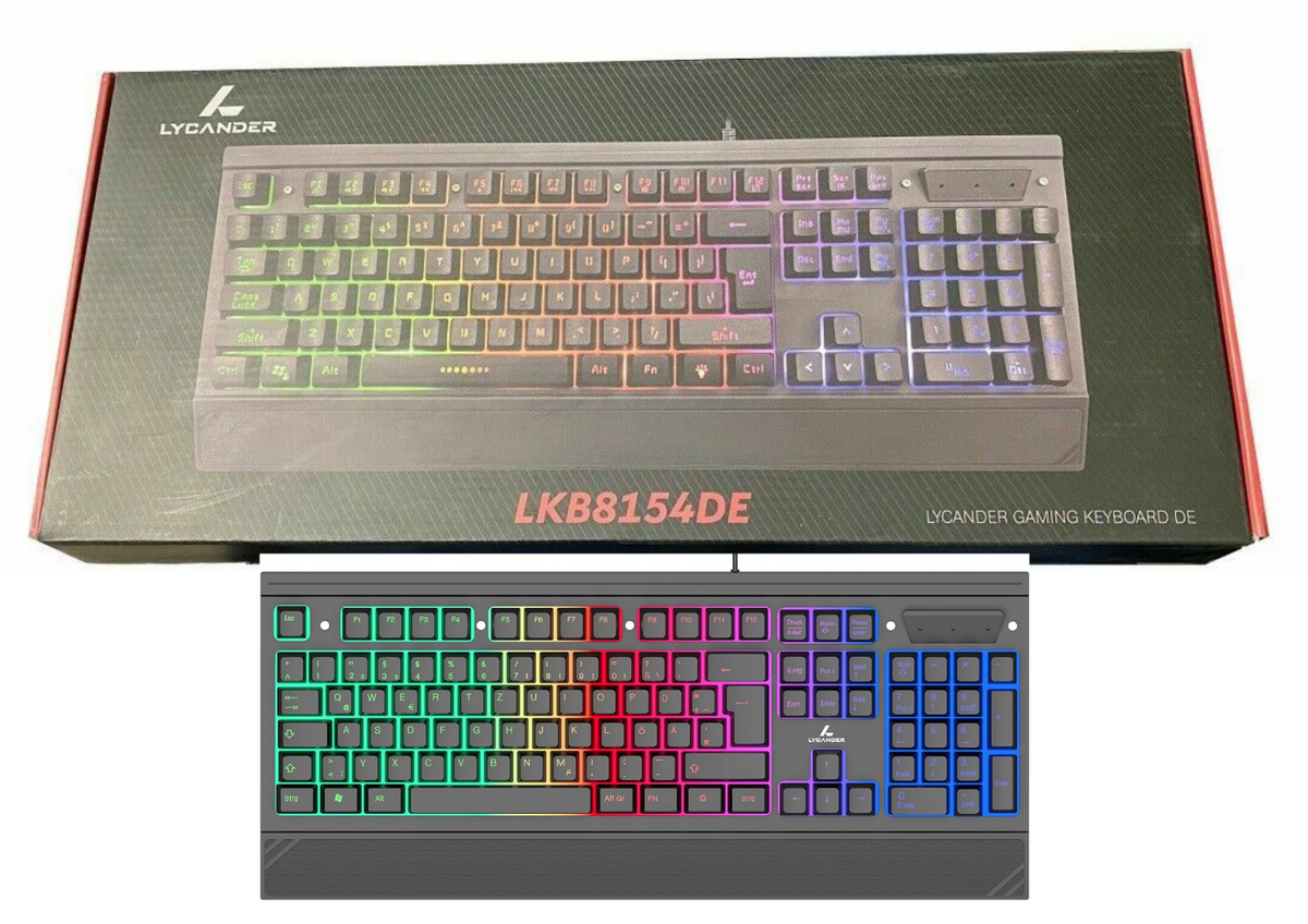 LYCANDER Gaming Tastatur Deutsch (LKB8154DE) – Kabelgebundene USB-Tastatur mit 19 Anti-Ghosting-Tasten & Regenbogen-Hintergrundbeleuchtung, 1,8 m Kabel