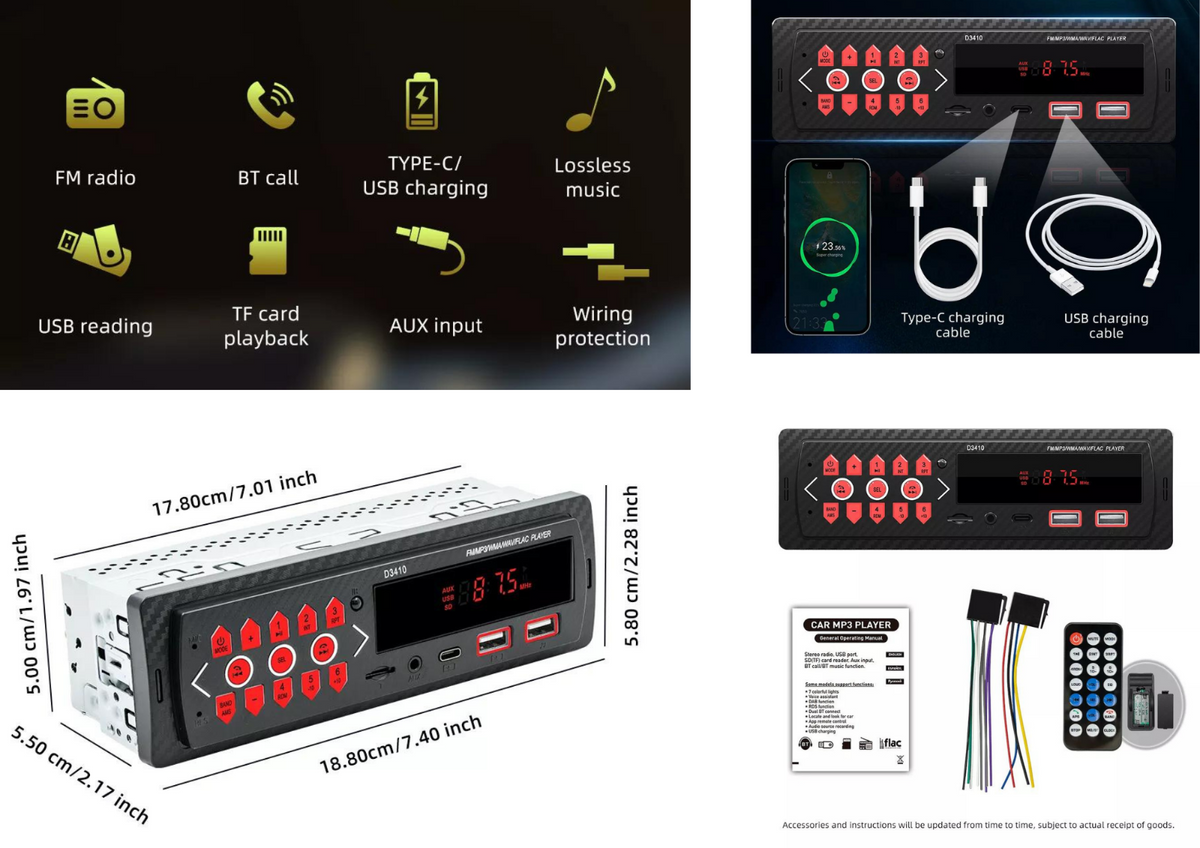 Autoradio RDS AM FM Bluetooth Freisprecheinrichtung 2 USB SD 1 DIN DE