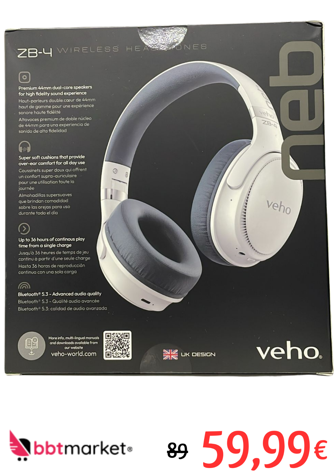 Veho ZB-4 NEB kabelloser Bluetooth-Kopfhörer mit Mikrofon VEP-465-NEB-A, NEU OVP