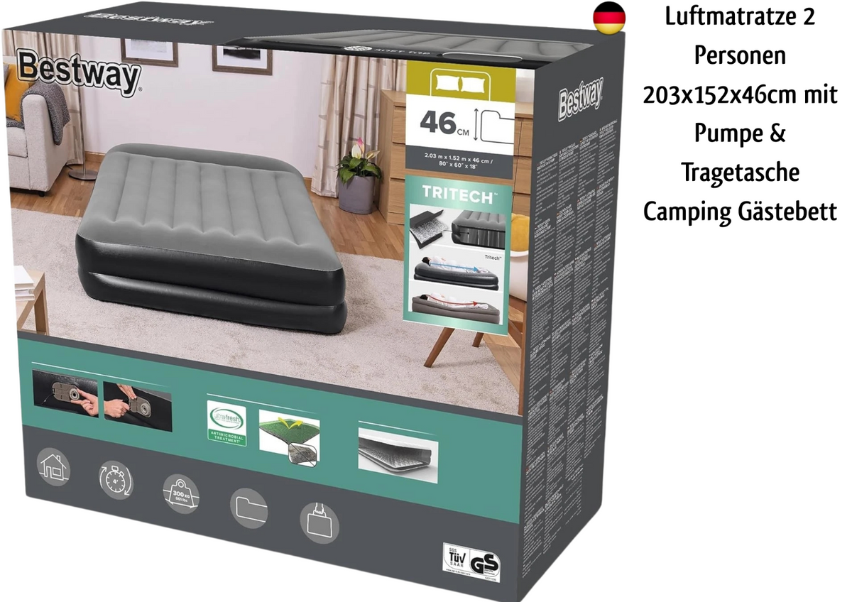 Bestway Premium Plus Luftbett 203x152x46 cm mit integrierter Elektropumpe