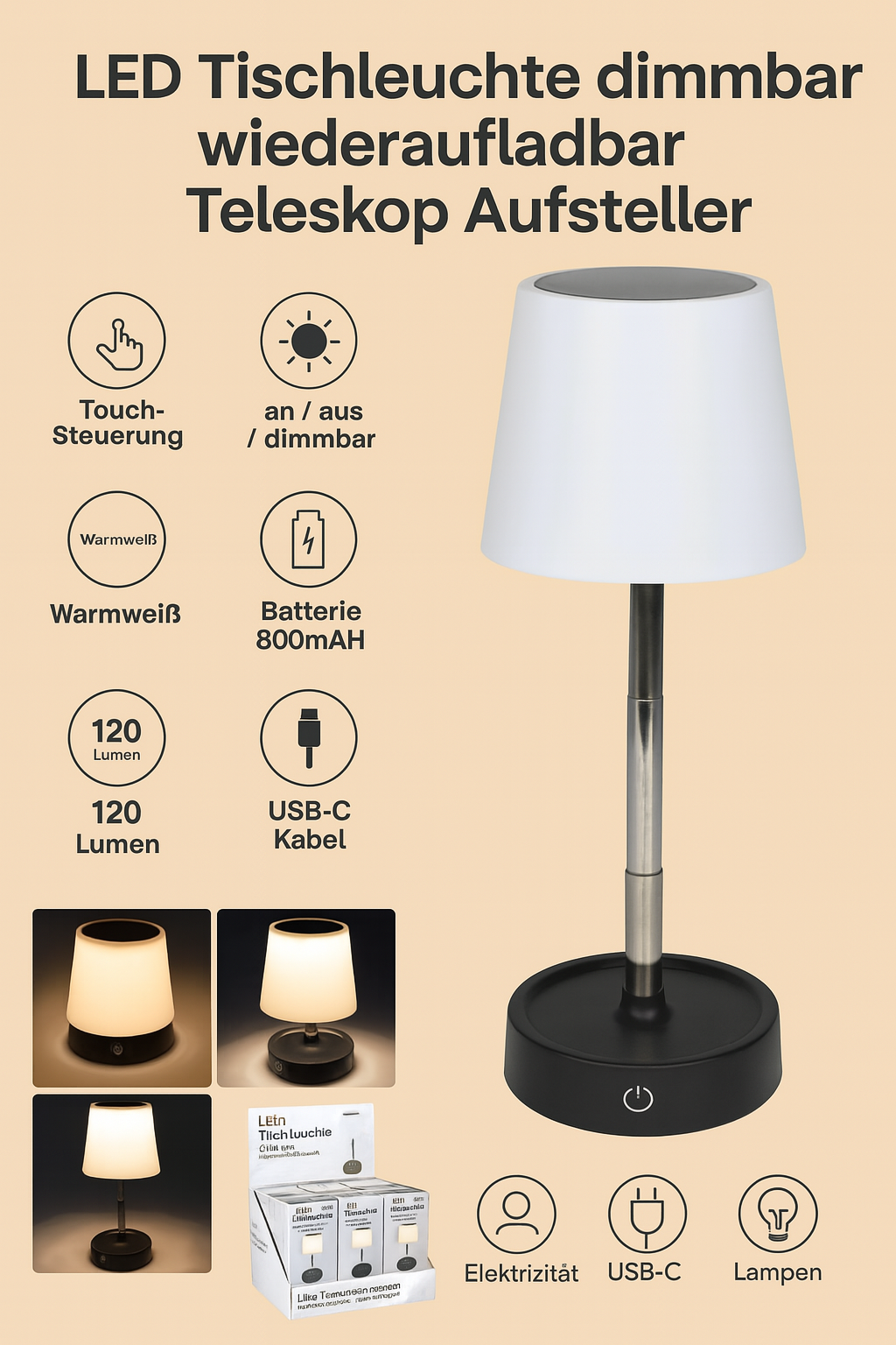 LED Tischlampe Akku dimmbar USB-C – Touch Teleskop warmweiß 120lm
