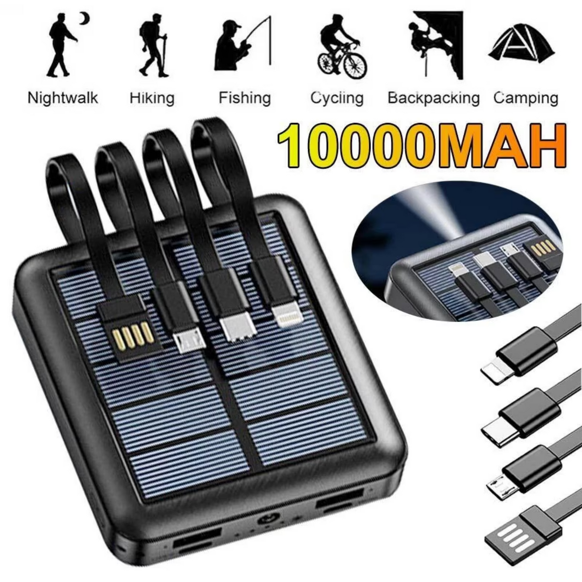 Solar Powerbank 10000mAh Externer Akku Ladegerät USB LED Taschenlampe