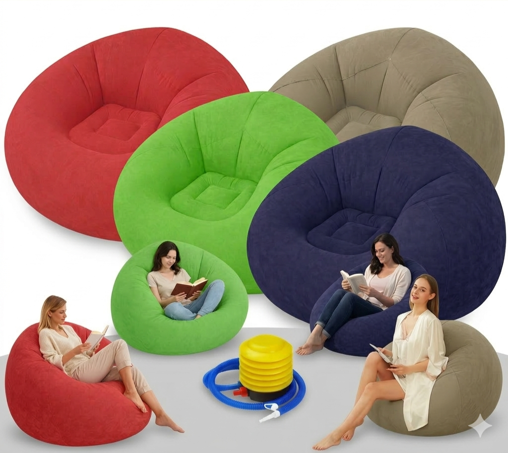 Aufblasbarer Sitzsack Velours – Bequemer Loungesessel Sitzpuff mit Pumpe