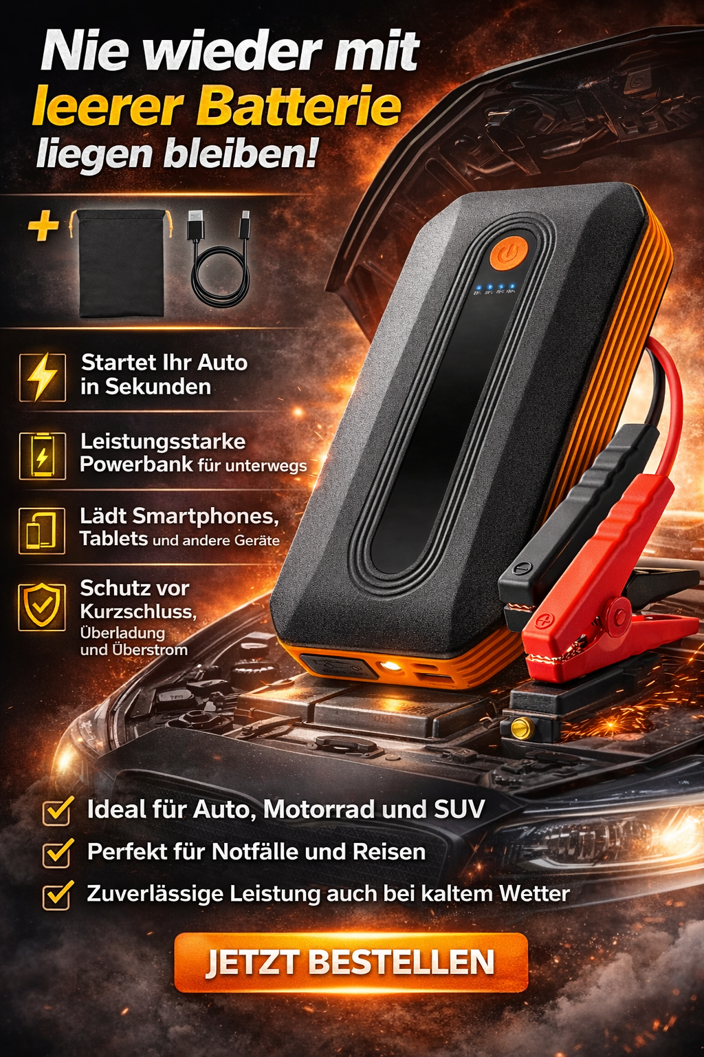 Auto Starthilfe Powerbank Jump Starter 12V 7L Benzin 5,5L Diesel LED Booster