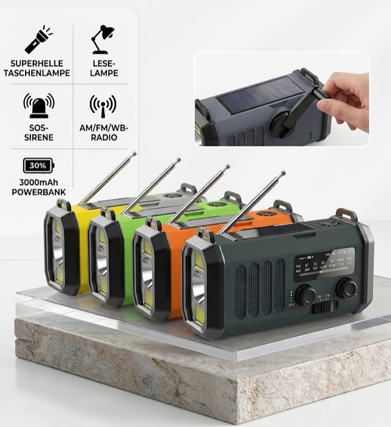 Notfallradio Solar 10000mAh FM AM NOAA Kurbel Radio Powerbank
