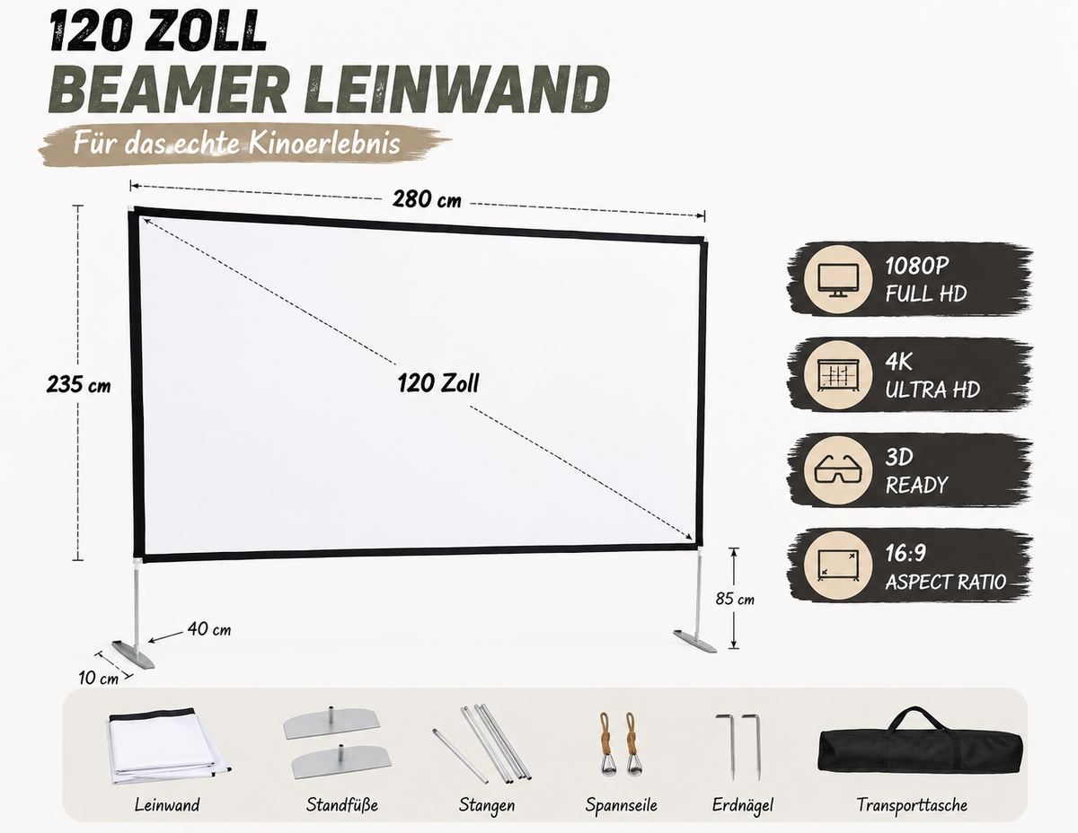 Beamer Leinwand 120 Zoll mit Ständer Tragetasche Projektor Leinwand Outdoor