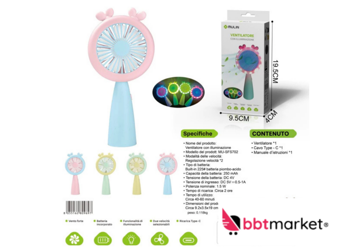 Handventilator mit LED Beleuchtung – USB Mini Ventilator wiederaufladbar mit 2 Stufen