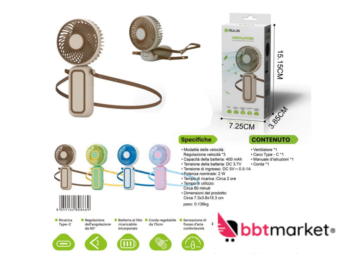 Mini USB Ventilator mit verstellbarer Silikonschnur – Tragbarer Akku Lüfter 3 Stufen