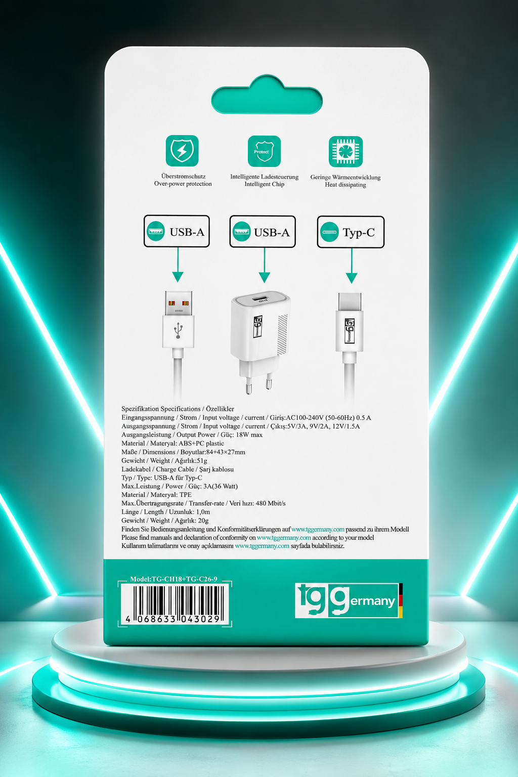 TUGG USB C Ladegerät 18W Netzteil Schnellladegerät USB-A Ladekabel 1m Typ C Set