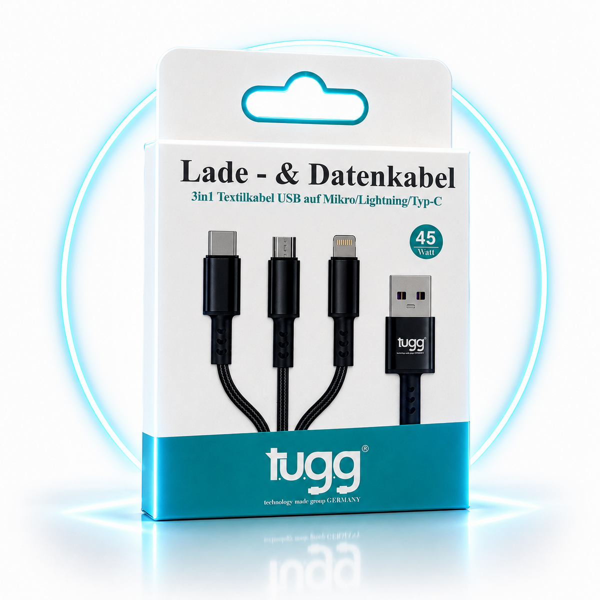 TUGG 3in1 USB Ladekabel 45W USB-C 8-Pin Micro USB 1,2m Textilkabel