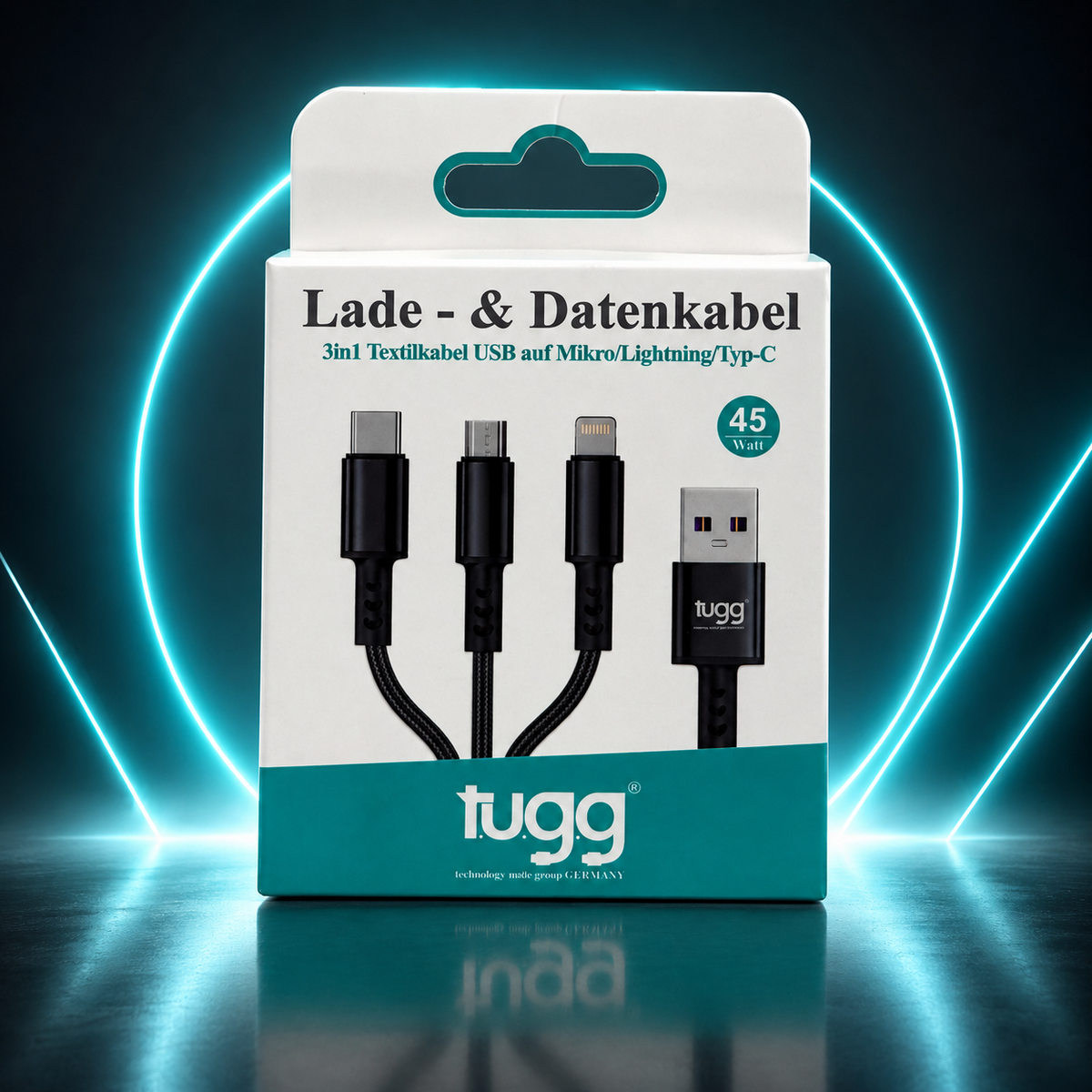 TUGG 3in1 USB Ladekabel 45W USB-C 8-Pin Micro USB 1,2m Textilkabel