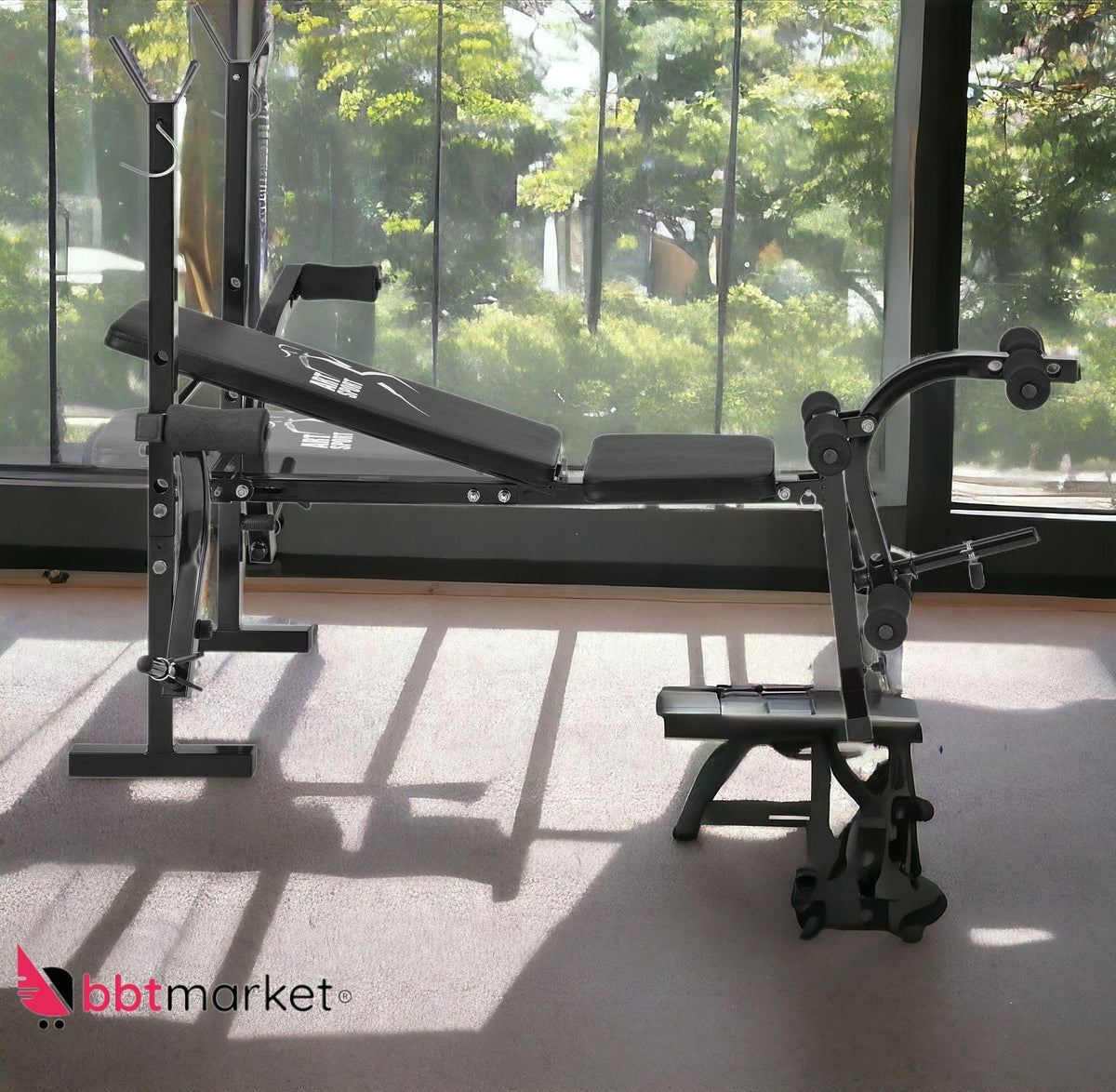 Multifunktionale Hantelbank verstellbar & klappbar – Trainingsbank mit Langhantelablage, Beincurler & Butterfly – Bauch- & Rückentrainer für Zuhause, belastbar bis 100 kg