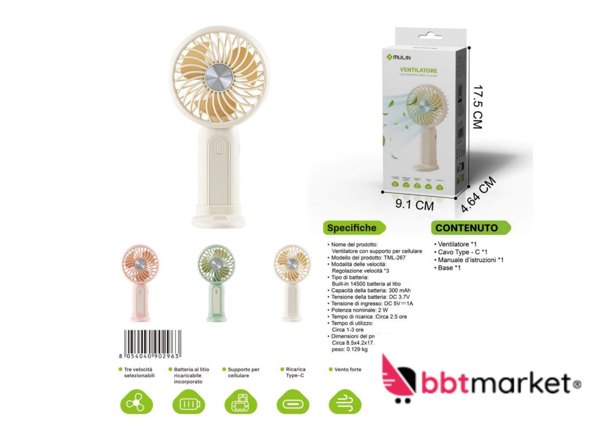 USB Mini Ventilator mit Handyhalterung – Tragbarer Akku Lüfter mit 3 Stufen