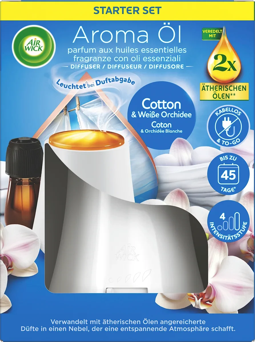 Air Wick Aroma-Öl Starterset Cotton & Weiße Orchidee – Lufterfrischer mit regulierbarer Duftintensität