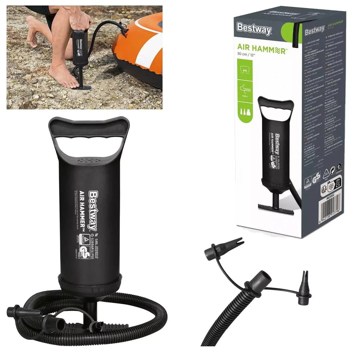 Bestway Air Hammer 30cm Handpumpe Doppelhub mit 3 Düsen für Luftmatratze