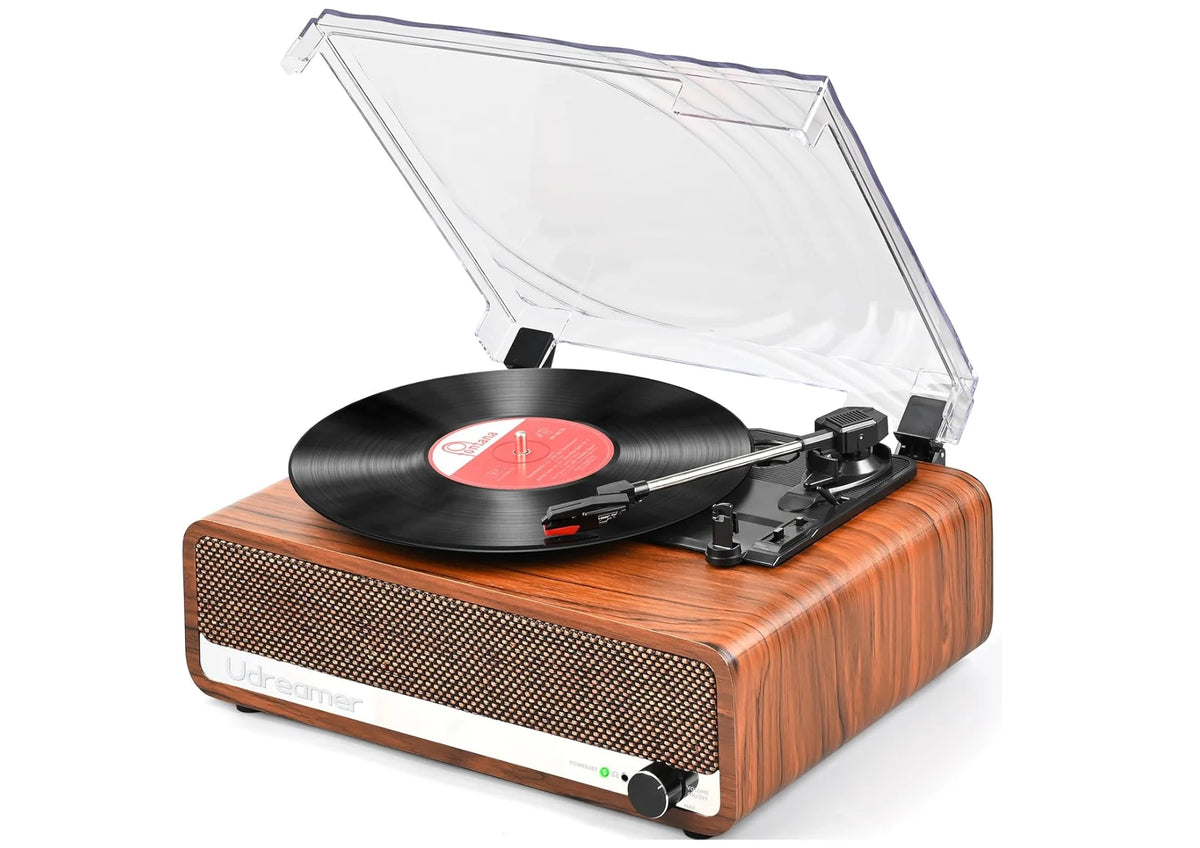 Bluetooth Vinyl Plattenspieler mit Lautsprechern – Retro Schallplattenspieler mit 3 Geschwindigkeiten & AUX/RCA