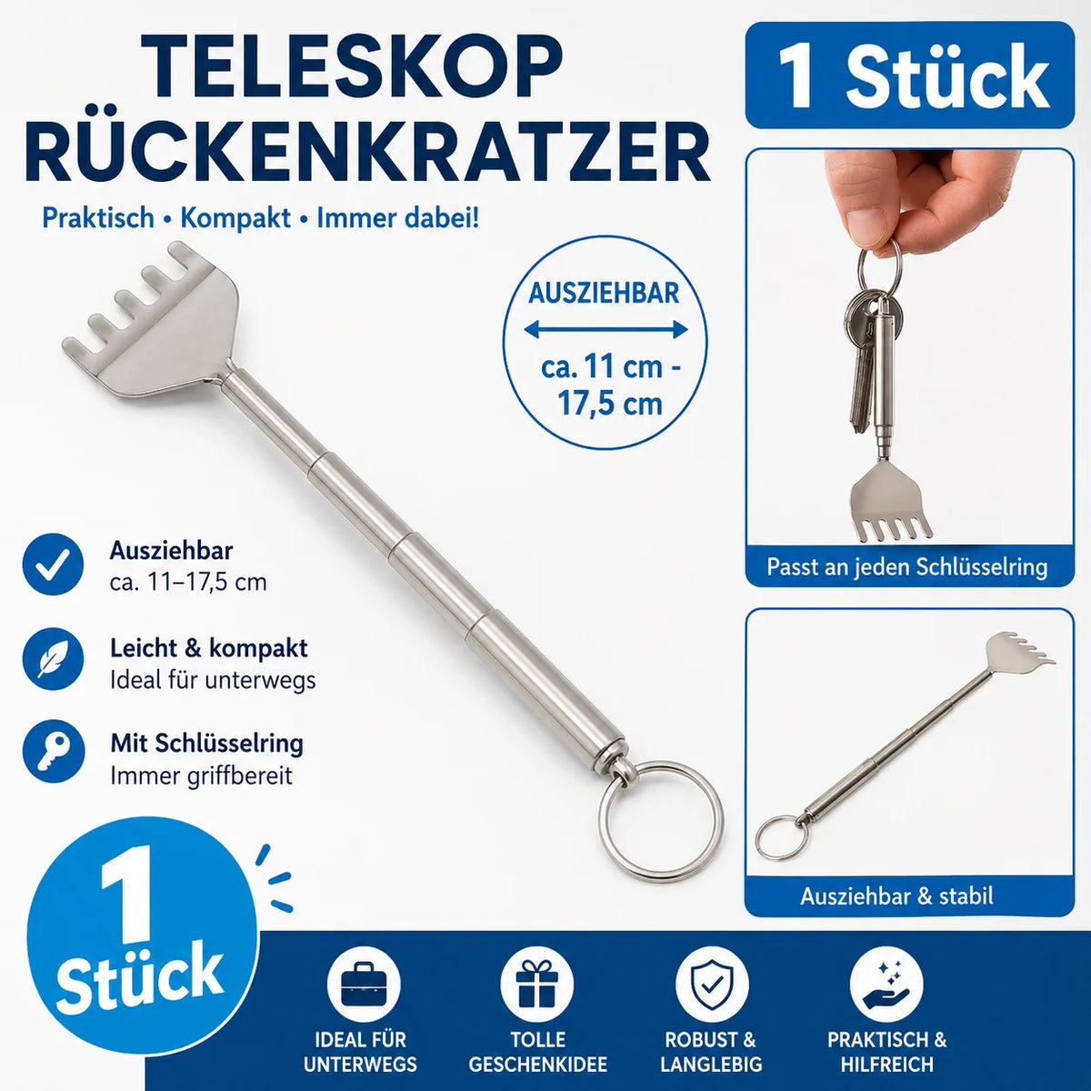 Rückenkratzer Ausziehbar Rücken Teleskop Edelstahl ausziehbar Reichweite