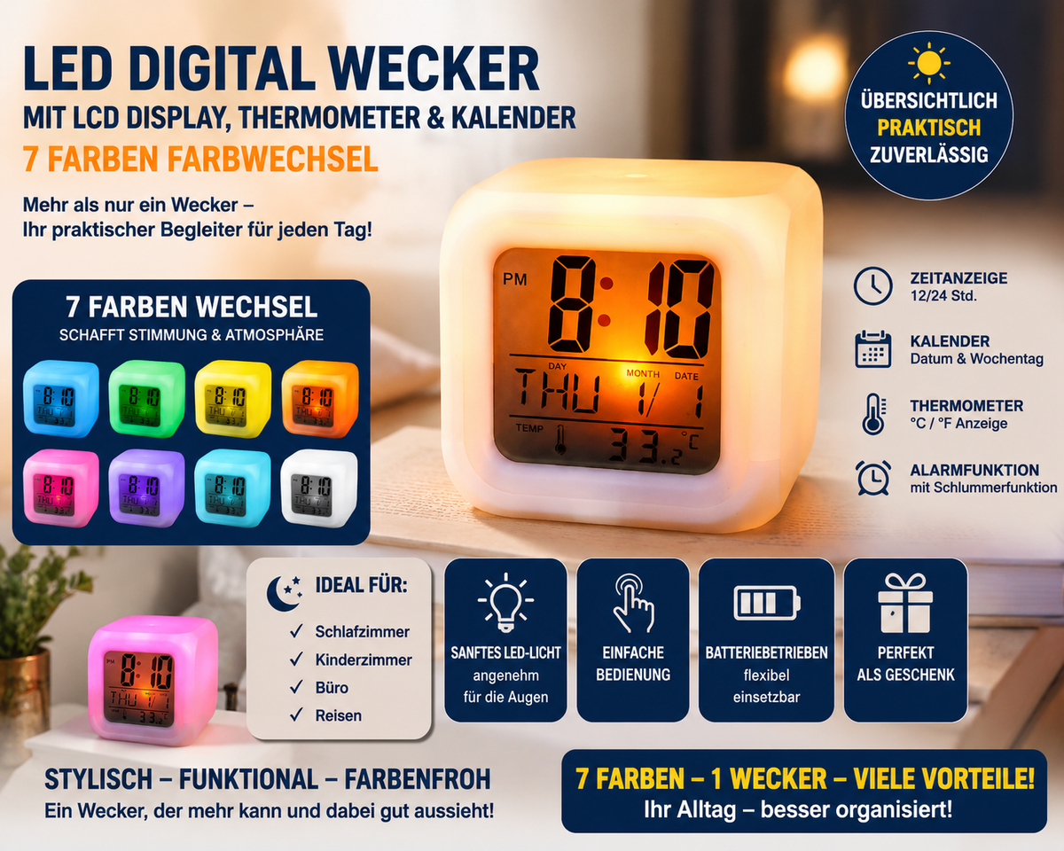 LED Digital Wecker mit LCD Display, Thermometer, Kalender und 7 Farben Farbwechsel Alarmuhr     8435507856041