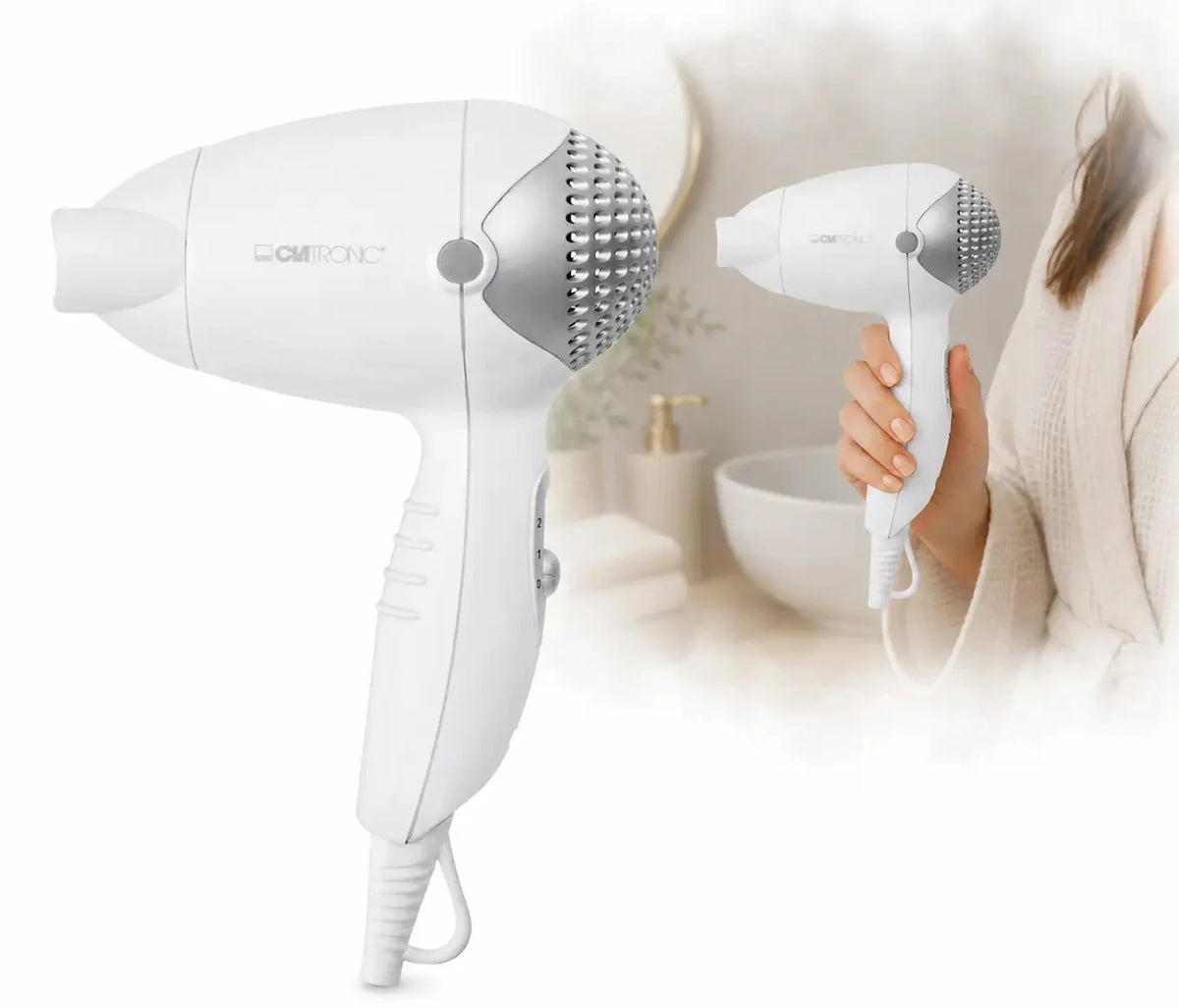 Clatronic® Reisehaartrockner | kompakte Größe | 1200 Watt | 2 Temperatur-/Leistungsstufen | Formdüse 360° drehbar (abnehmbar) | Aufhängeöse | Fön | HT 3393 schwarz oder weiß
