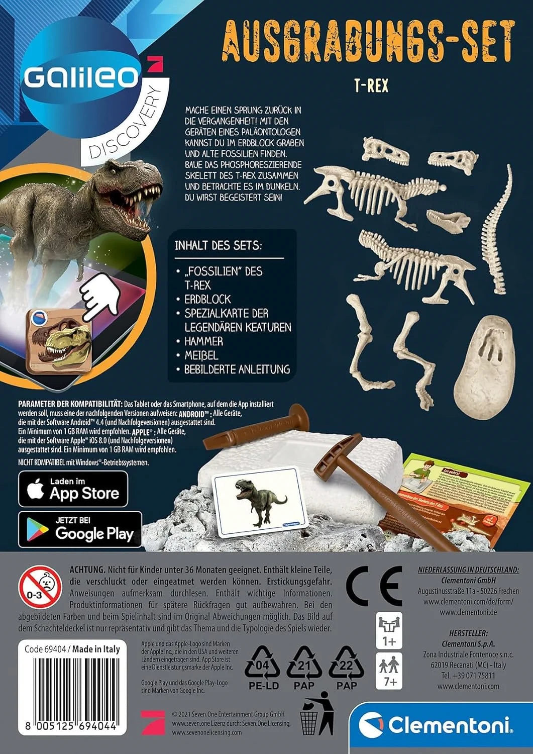 Clementoni Galileo Discovery T-Rex Ausgrabungs-Set 69404 – Dinosaurier Fossilien-Set für Kinder ab 7 Jahren
