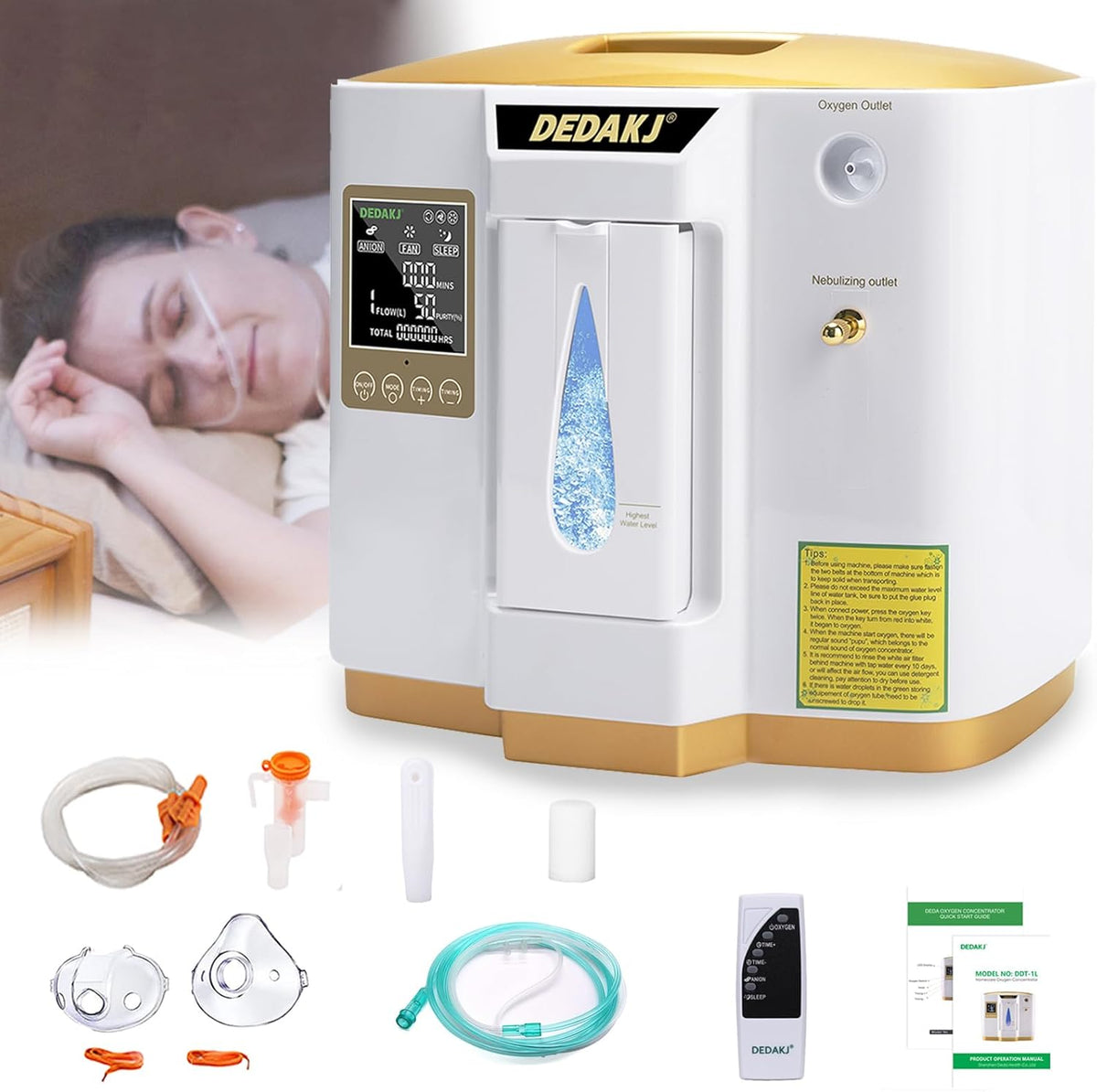 DEDAKJ Sauerstoffkonzentrator für Zuhause – 1–7 L/min einstellbar, 30–90% Sauerstoffreinheit, mit Fernbedienung & Zerstäubungsfunktion