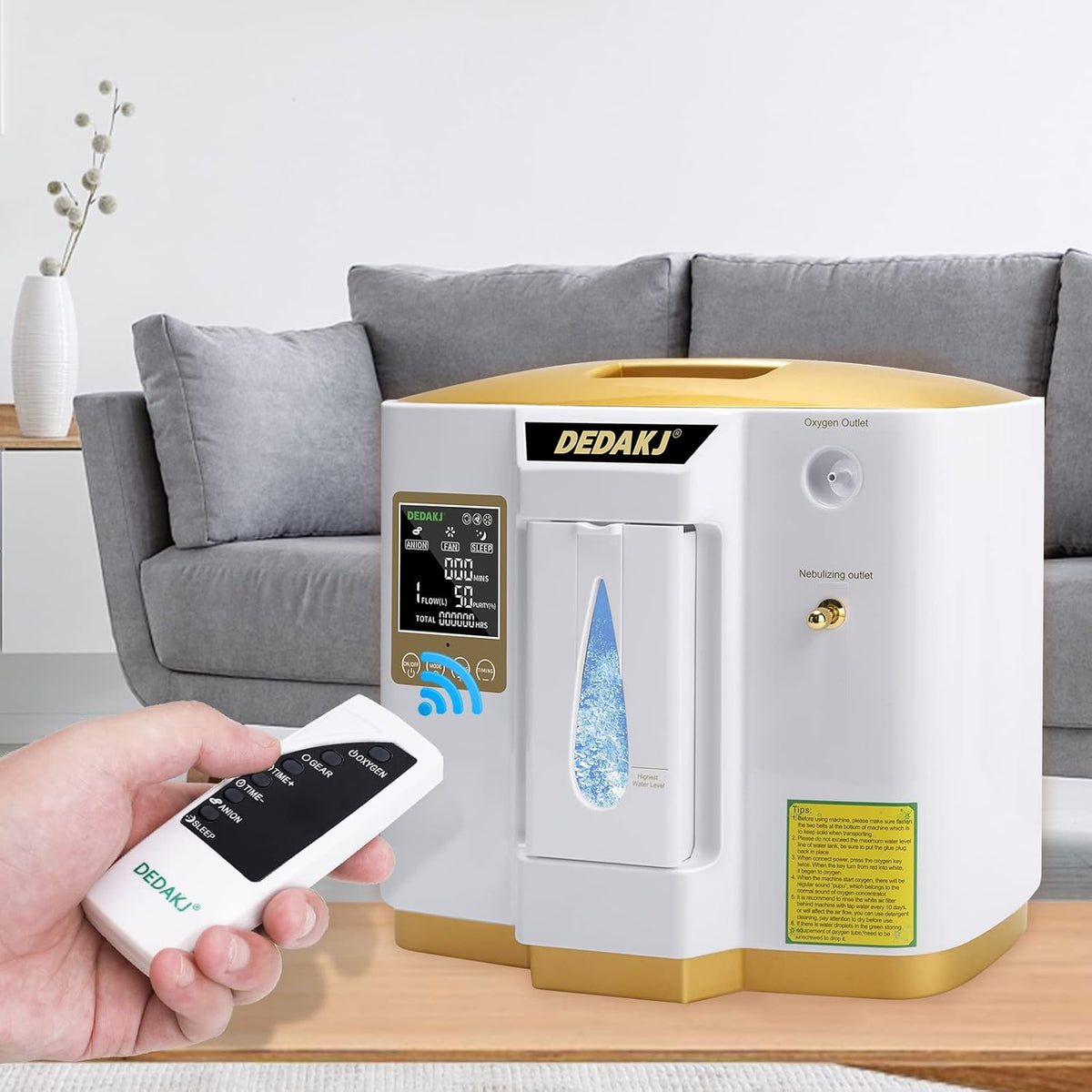 DEDAKJ Sauerstoffkonzentrator für Zuhause – 1–7 L/min einstellbar, 30–90% Sauerstoffreinheit, mit Fernbedienung & Zerstäubungsfunktion