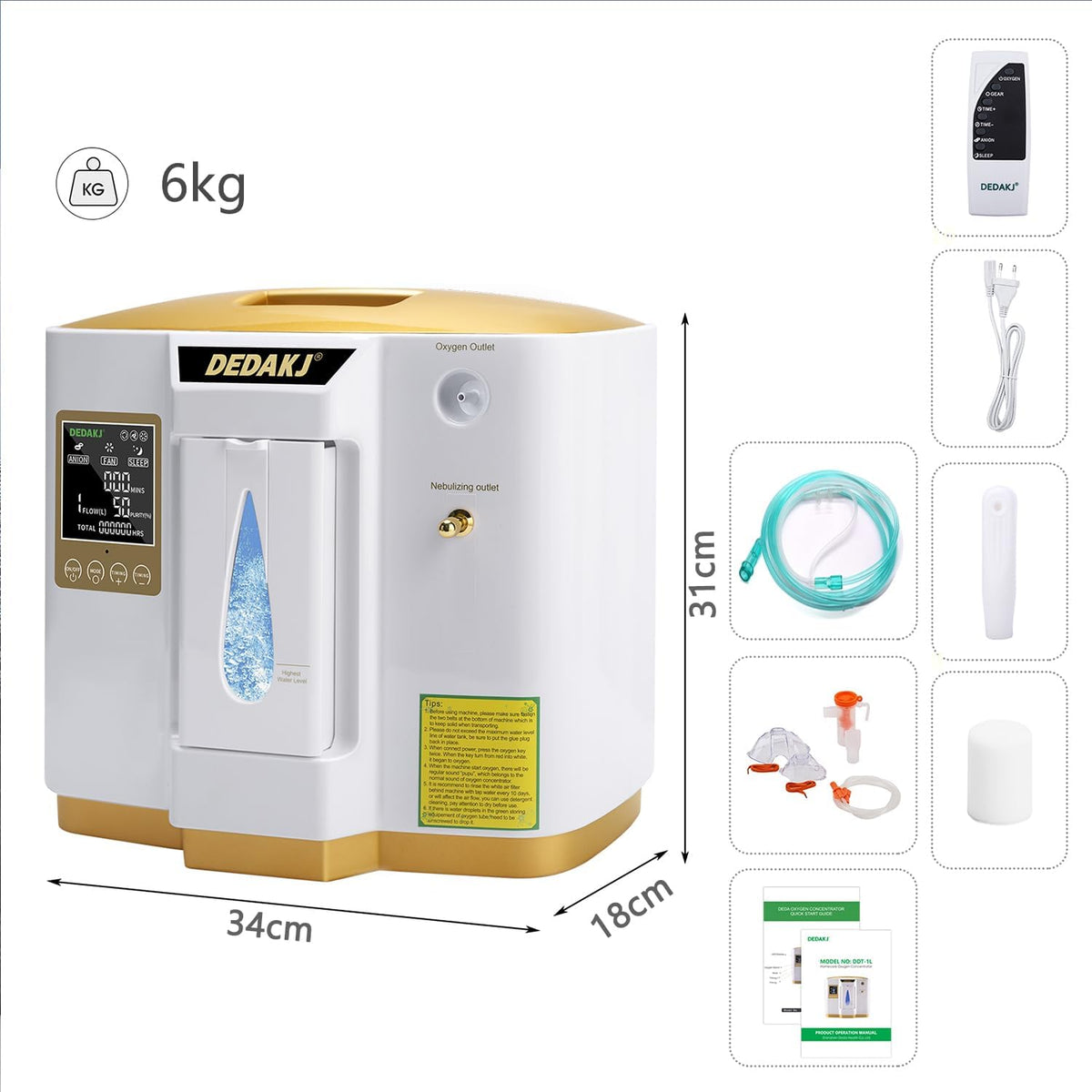 DEDAKJ Sauerstoffkonzentrator für Zuhause – 1–7 L/min einstellbar, 30–90% Sauerstoffreinheit, mit Fernbedienung & Zerstäubungsfunktion