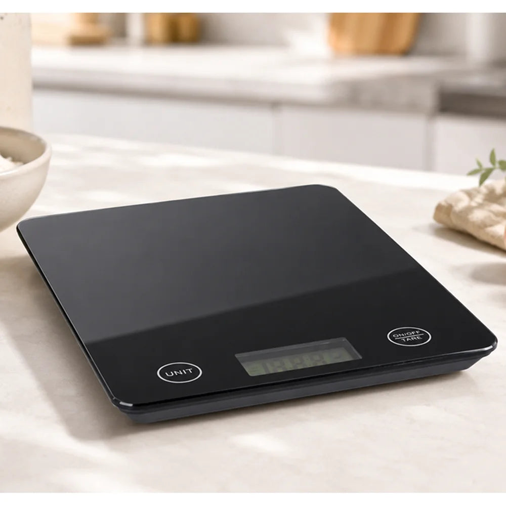 Digitale Küchenwaage bis 5 kg mit 1 g Genauigkeit – Glas Haushaltswaage mit LCD, Tara & Touch-Bedienung