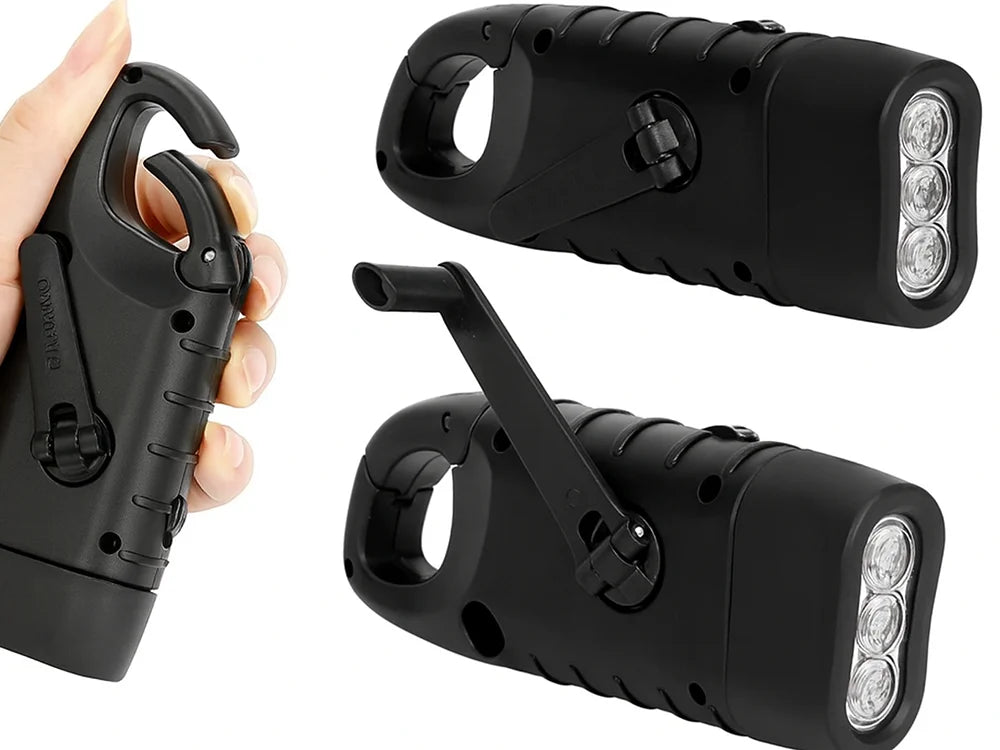 Dynamo Solar Taschenlampe mit 3 LEDs – Handkurbel Lampe mit Karabiner für Camping, Auto & Notfall