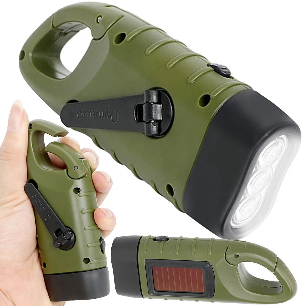 Dynamo Solar Taschenlampe mit 3 LEDs – Handkurbel Lampe mit Karabiner für Camping, Auto & Notfall
