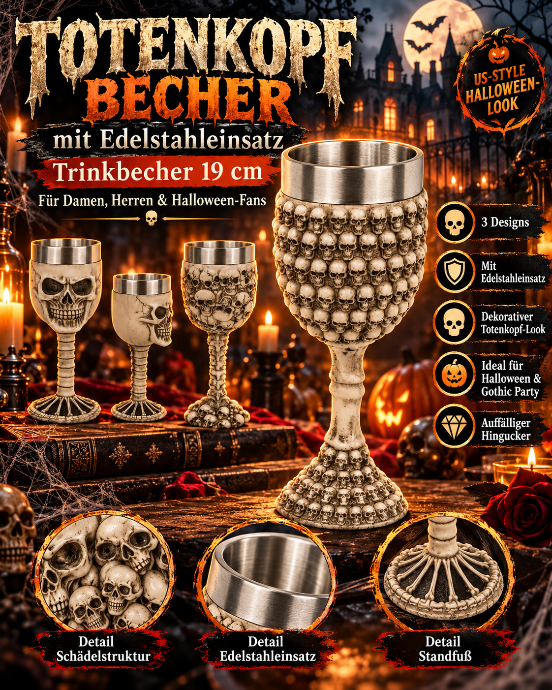 Totenkopf Becher mit Edelstahleinsatz Trinkbecher 19 cm 🖤