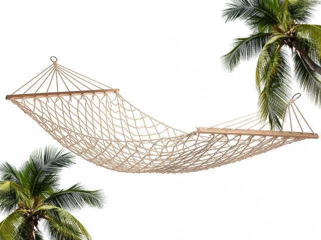 Hängematte Netz mit Holzstangen 190cm 150kg Garten Boho weiß Outdoor