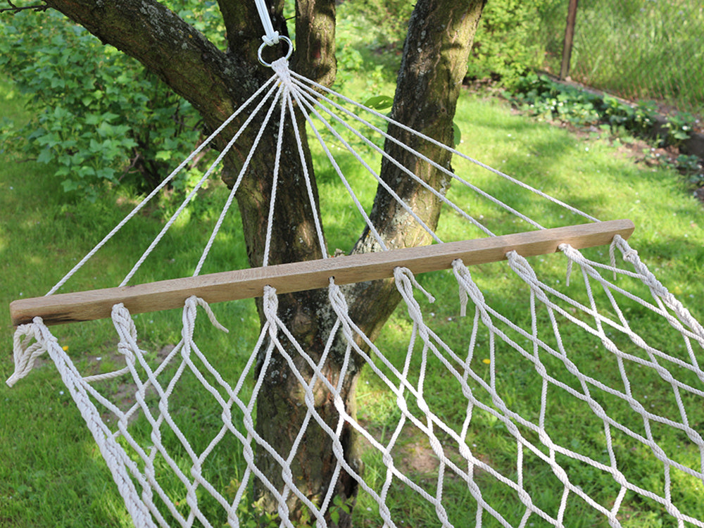 Hängematte Netz mit Holzstangen 190cm 150kg Garten Boho weiß Outdoor