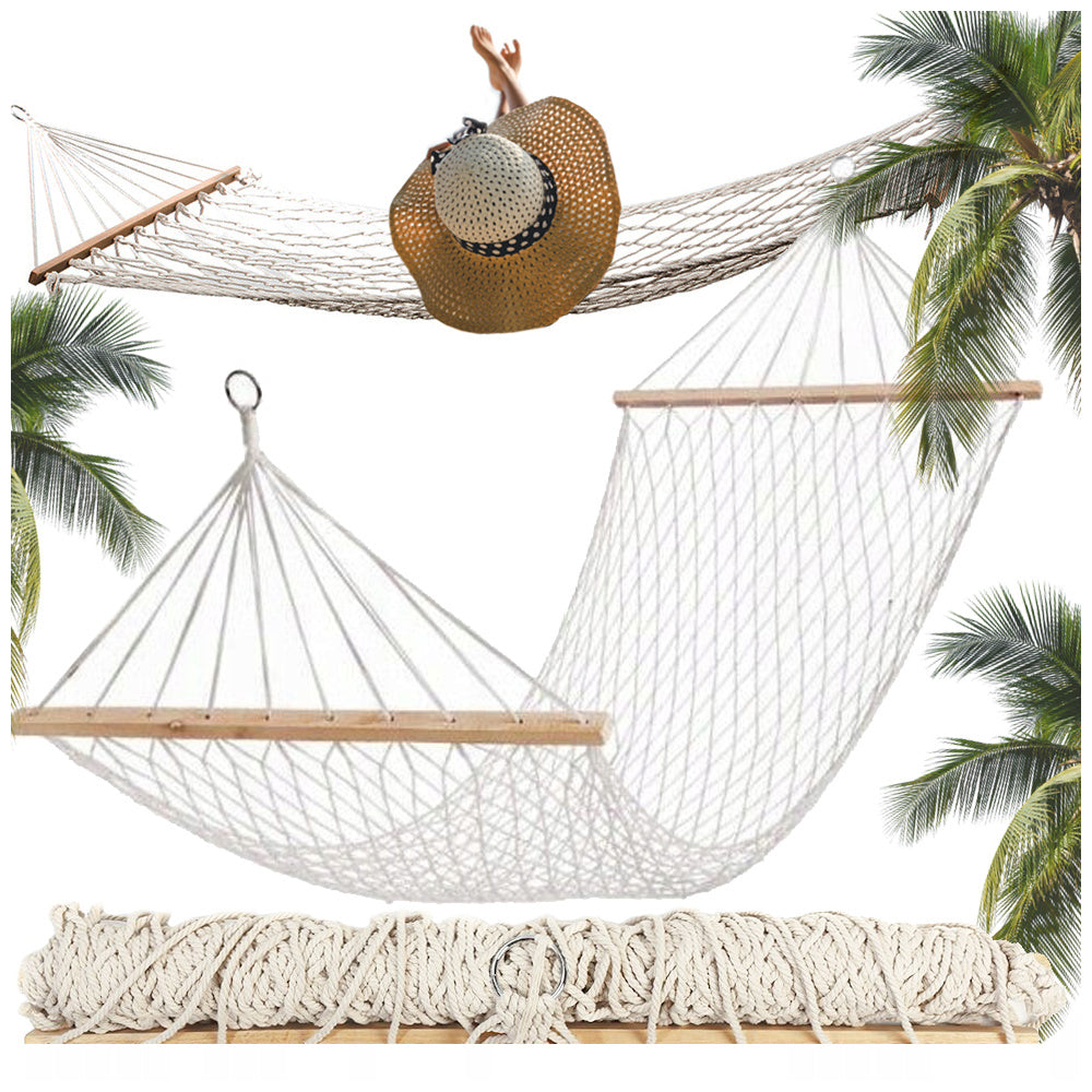 Hängematte Netz mit Holzstangen 190cm 150kg Garten Boho weiß Outdoor