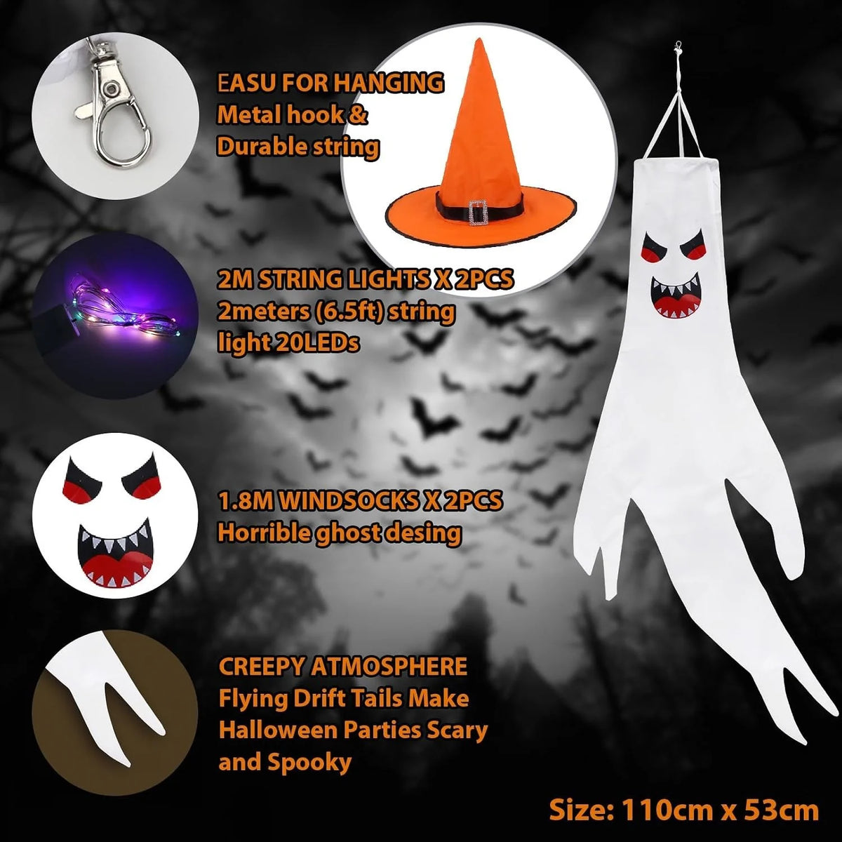 Halloween Geist Windsack 120cm Hexenhut Hängedeko Garten Party Gruseldeko