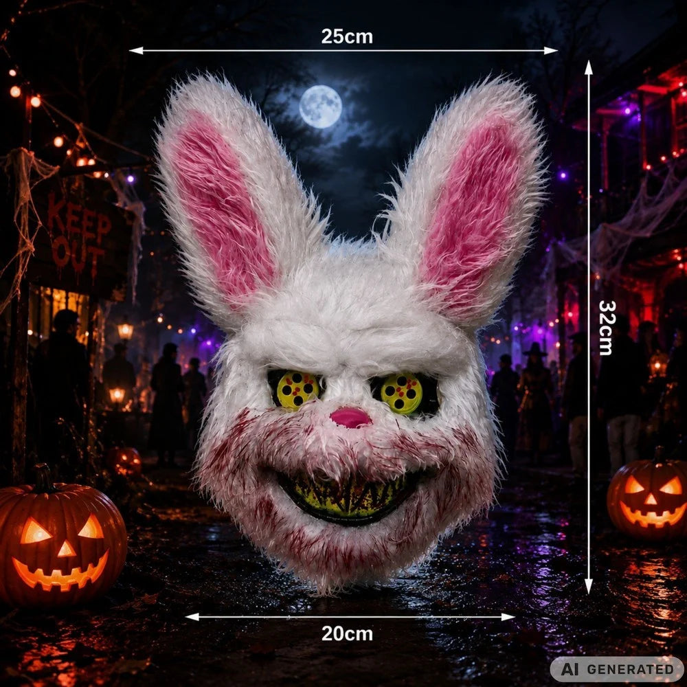 Halloween Hasenmaske Horror Maske 32cm Fell Grusel Kostüm Cosplay Weiß