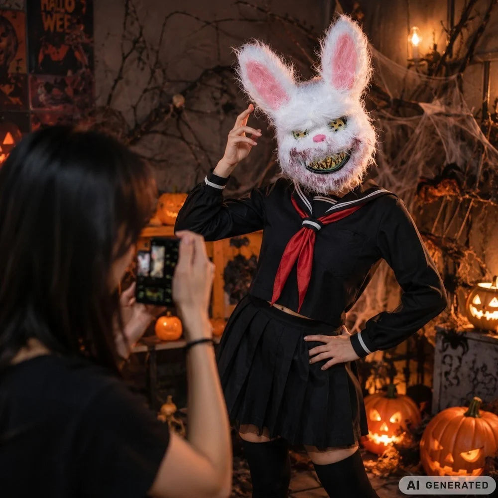 Halloween Hasenmaske Horror Maske 32cm Fell Grusel Kostüm Cosplay Weiß