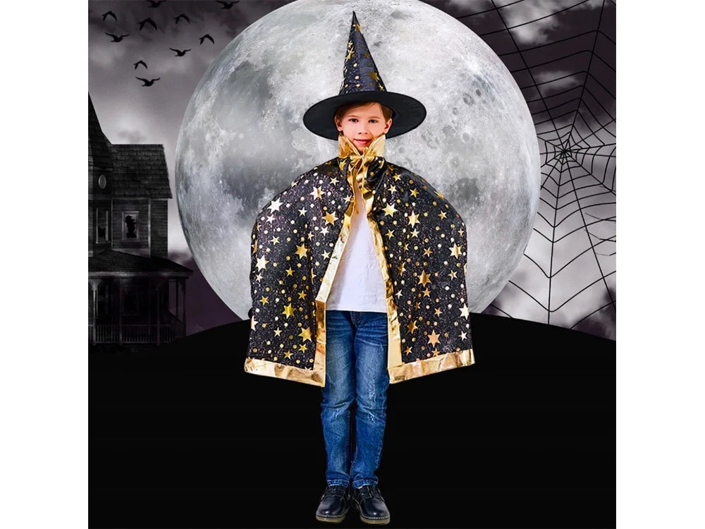 Zauberer Kostüm mit Hut & Sternen-Umhang – Magier Verkleidung für Halloween, Karneval und Fasching