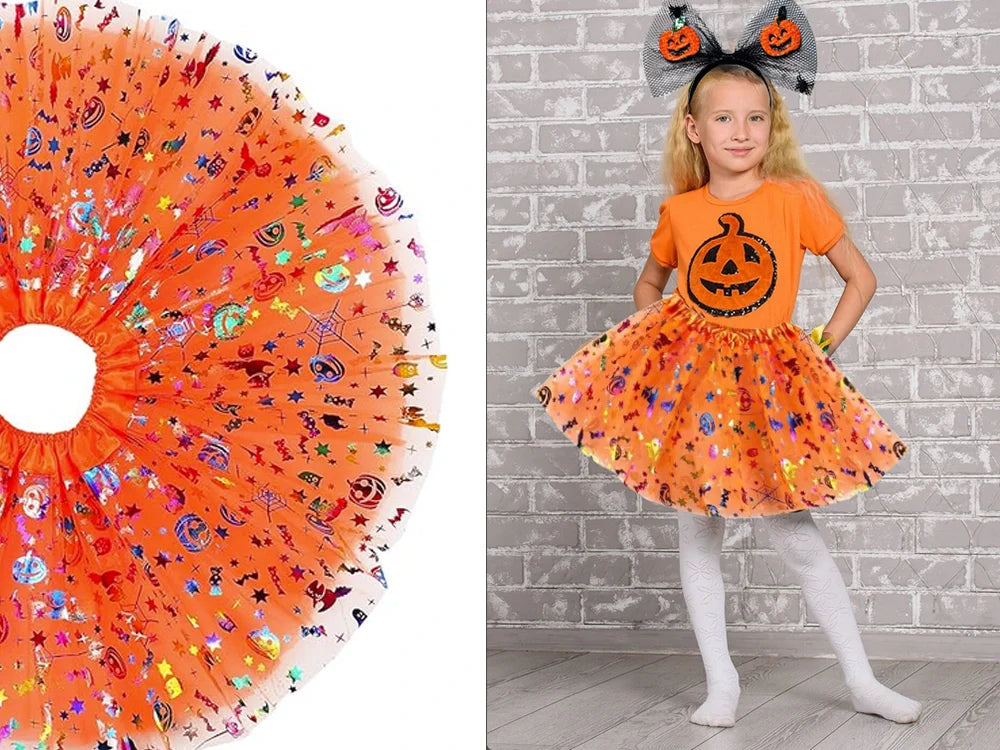 Halloween Kostüm Mädchen 🎃 Tutu Rock mit Kürbis Stirnband Schleife Glitzer 👻