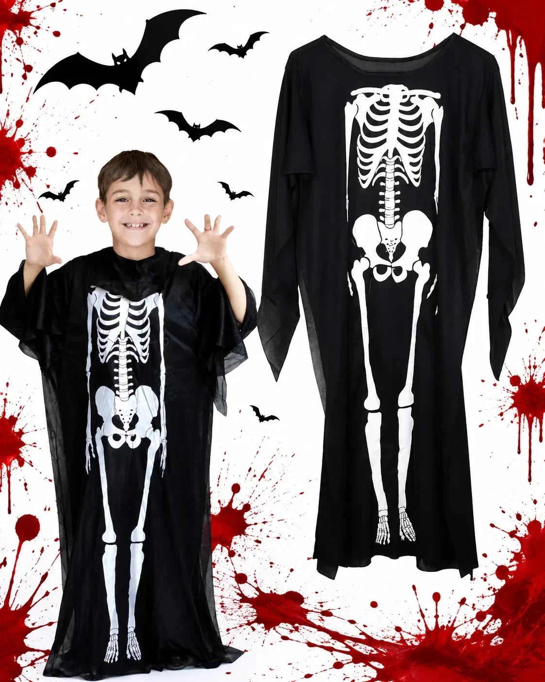 Skelett Kostüm Jumpsuit für Herren, Damen & Kinder – Halloween, Karneval und Cosplay 90/120cm