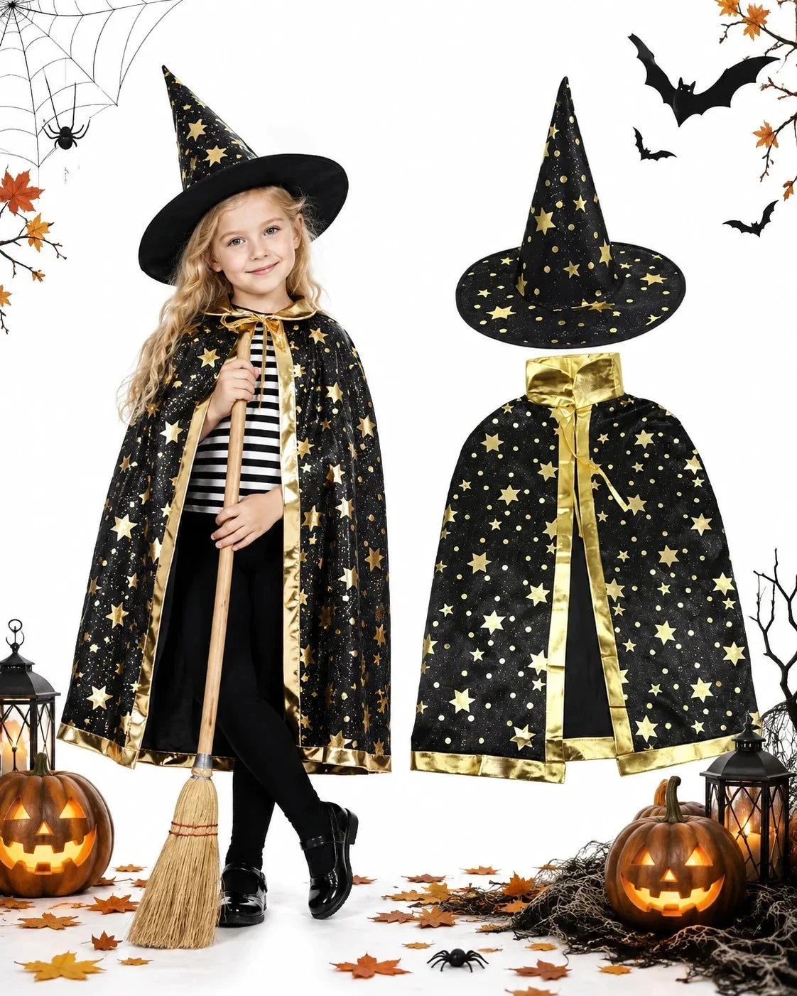 Halloween Kostüm Skelett Jumpsuit & Zauberer Umhang – Karneval, Fasching & Cosplay für Damen, Herren und Kinder