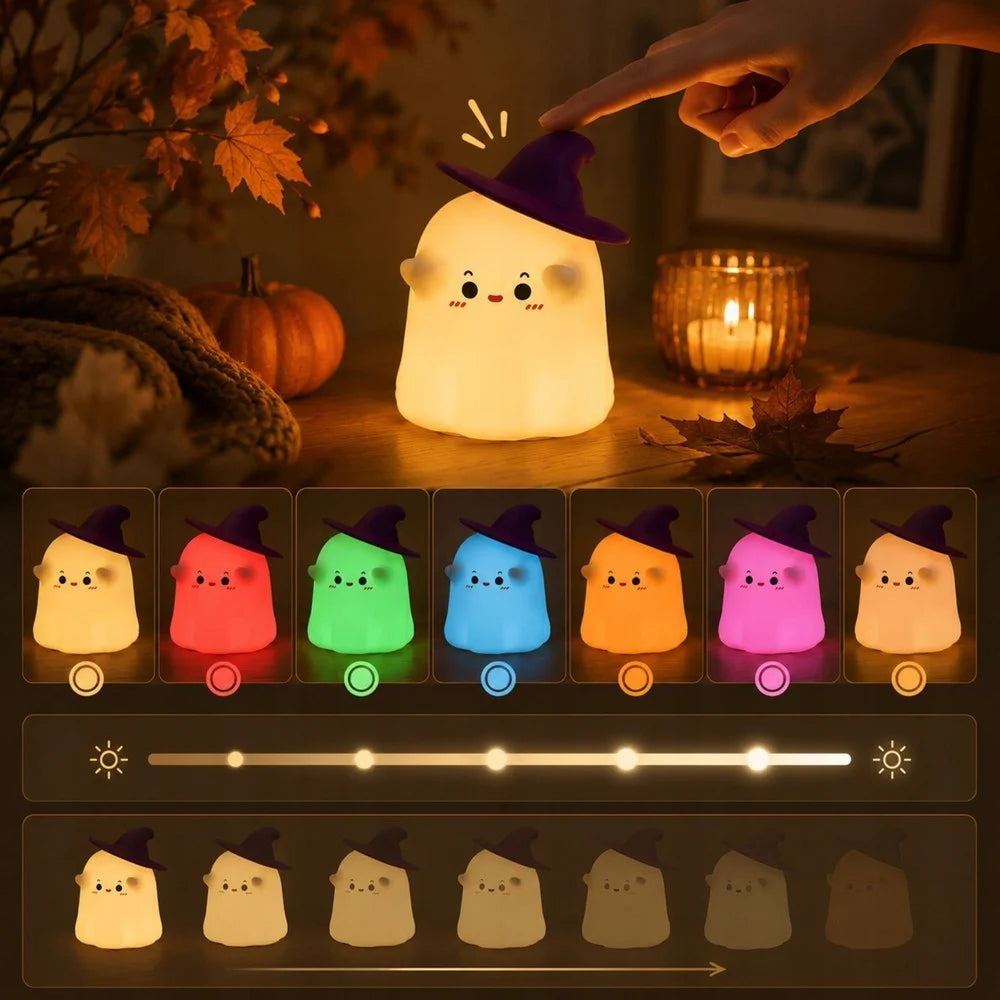 Halloween Nachtlicht Geist LED RGB Akku USB-C Timer Touch Silikon Deko