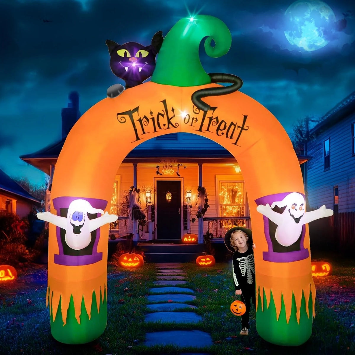Halloween Deko Aufblasbar 305cm Torbogen LED Geist Katze Garten Outdoor