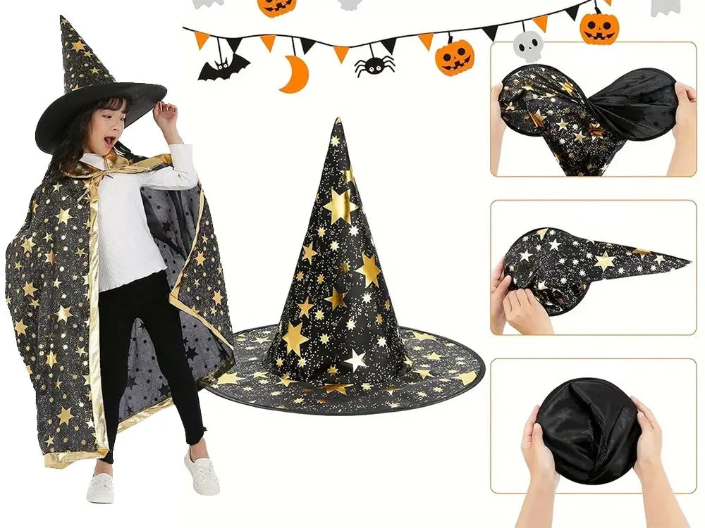 Zauberer Kostüm mit Hut & Sternen-Umhang – Magier Verkleidung für Halloween, Karneval und Fasching
